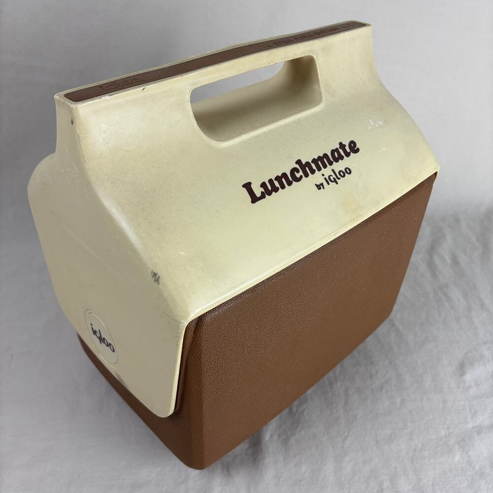 Vintage 80s Igloo Lunchmate Push Button Brown & Tan Hard Plastic Lunchbox Cooler